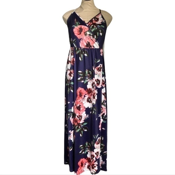 Boho Navy Blue Floral Maxi Dress Surplice Chest Faux Wrap Spaghetti Strap NWT S - Picture 2 of 12
